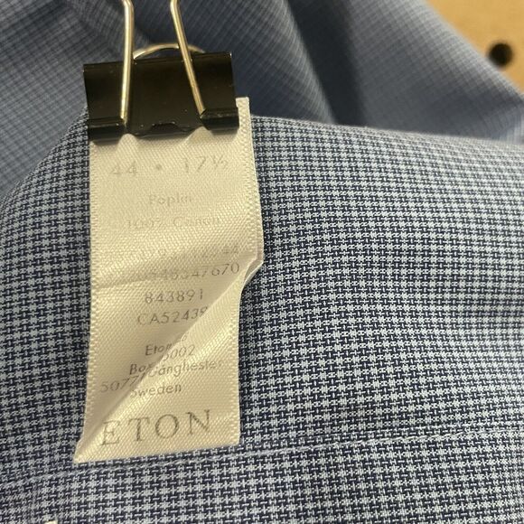 Eton Contemporary LS Button Up Shirt Mens Size 17.5/44 Navy Blue Plaid Romania - Picture 4 of 8